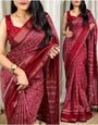 Rhapsody Maroon Digital Printed Dola Silk Saree With Assemblage Blouse Piece