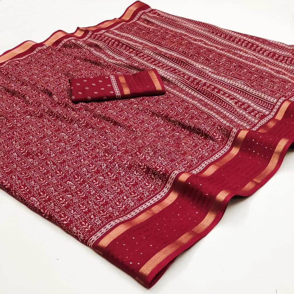 Rhapsody Maroon Digital Printed Dola Silk Saree With Assemblage Blouse Piece