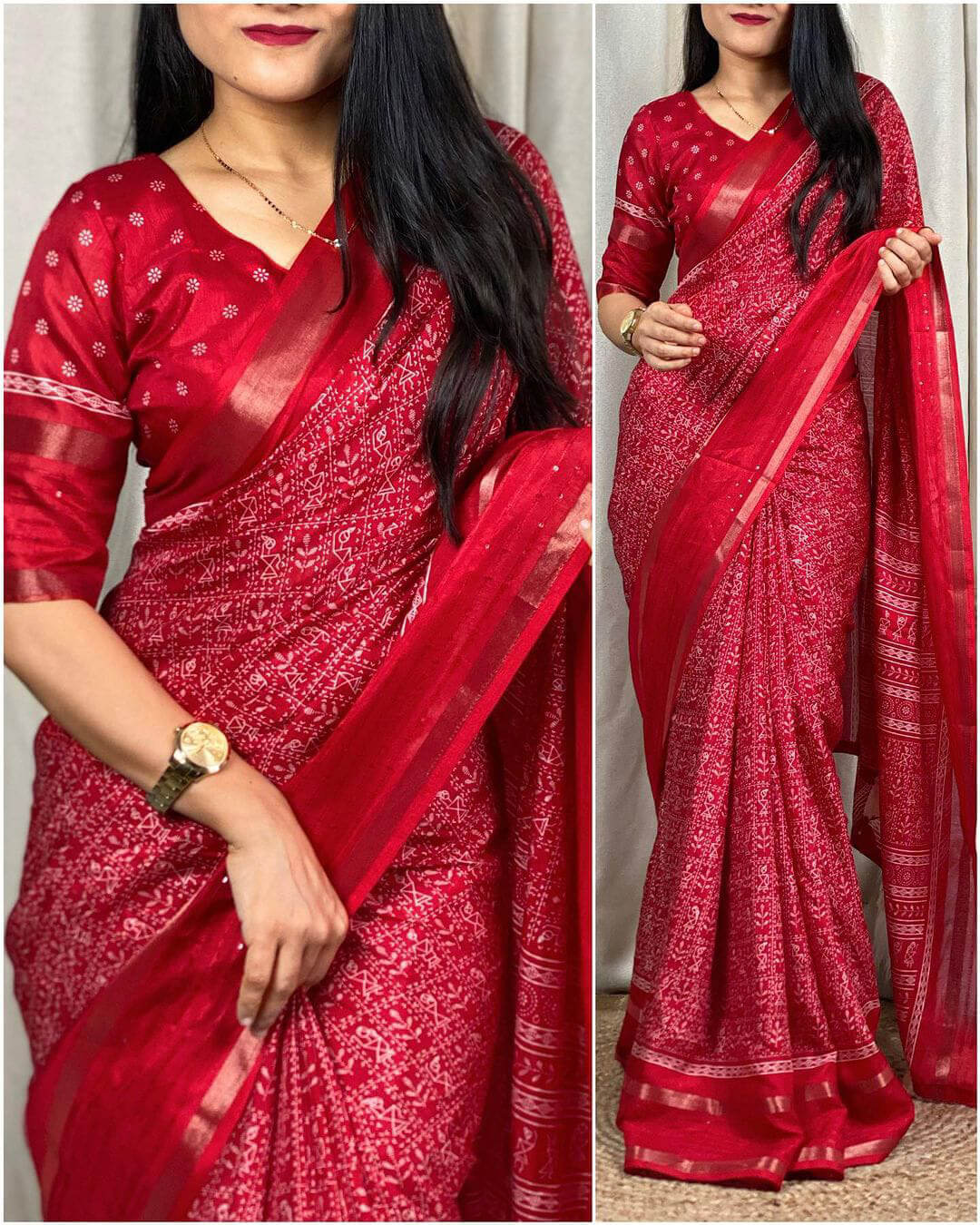 Resonant Red Digital Printed Dola Silk Saree With Excellent Blouse Piece