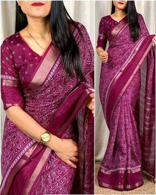 Zephyr Wine Digital Printed Dola Silk Saree With Divine Blouse Piece