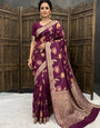 Captivating Wine Banarasi Dola Silk Saree With Pulsating Blouse Piece