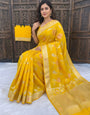 Nebula Yellow Banarasi Dola Silk Saree With Trendy Blouse Piece
