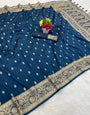Flattering Navy Blue Pure Zari Weaving Banarasi Silk Saree With Refreshing Blouse Piece