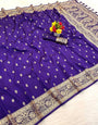 Profuse Royal Purple Pure Zari Weaving Banarasi Silk Saree With Ephemeral Blouse Piece