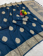Zephyr Navy Blue Pure Zari Weaving Banarasi Silk Saree With Ethnic Blouse Piece