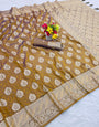 Phenomenal Mustard Pure Zari Weaving Banarasi Silk Saree With Artistic Blouse Piece
