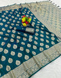 Glamorous Rama Pure Zari Weaving Banarasi Silk Saree With Dissemble Blouse Piece