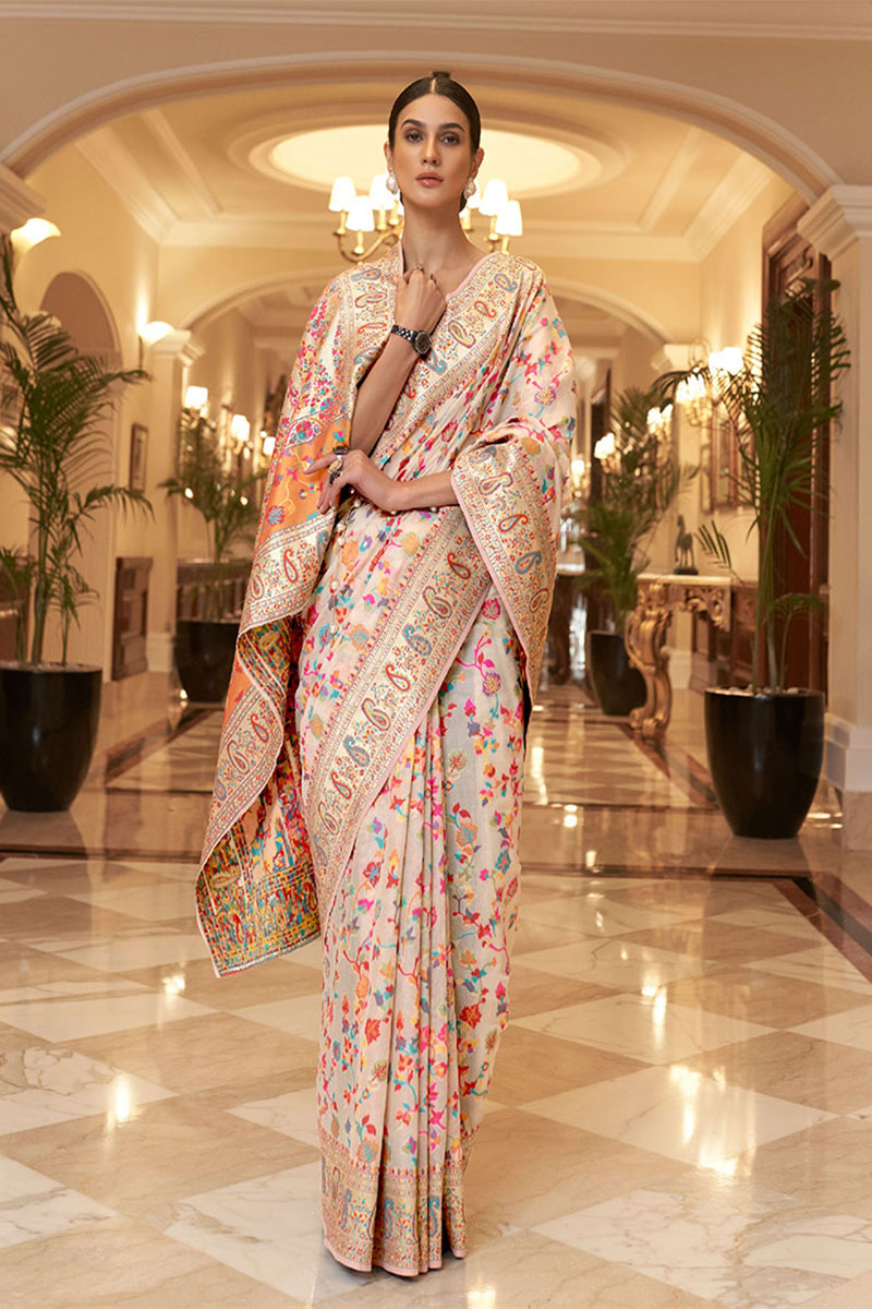 Attractive Beige Pashmina saree With Nectarous Blouse Piece