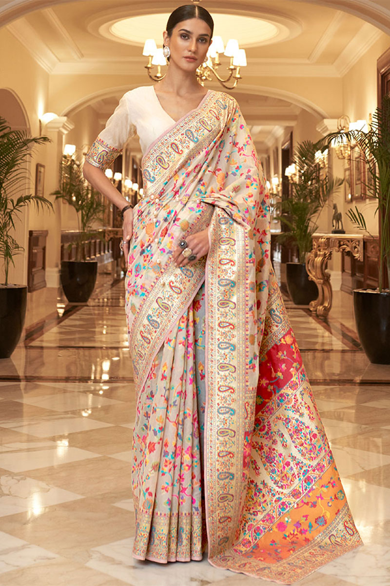 Attractive Beige Pashmina saree With Nectarous Blouse Piece