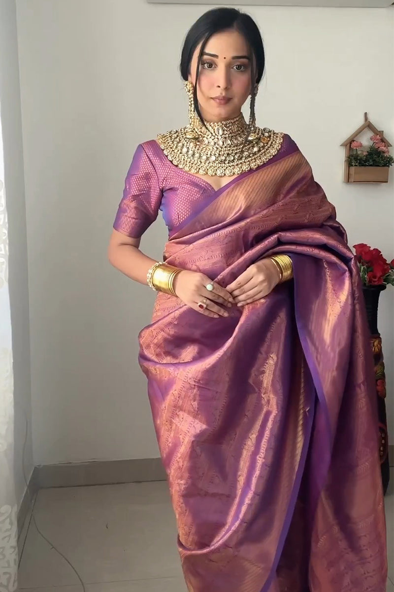 Classy 1-Minute Ready To Wear Purple Kanjivaram Silk Saree